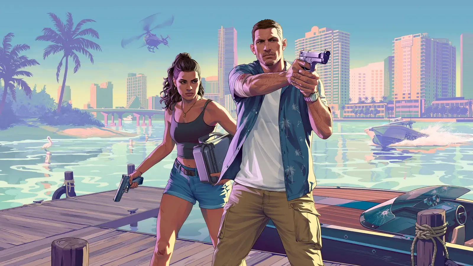 Ilustración oficial de GTA 6: Jason y Lucia con pistolas en un muelle de Vice City